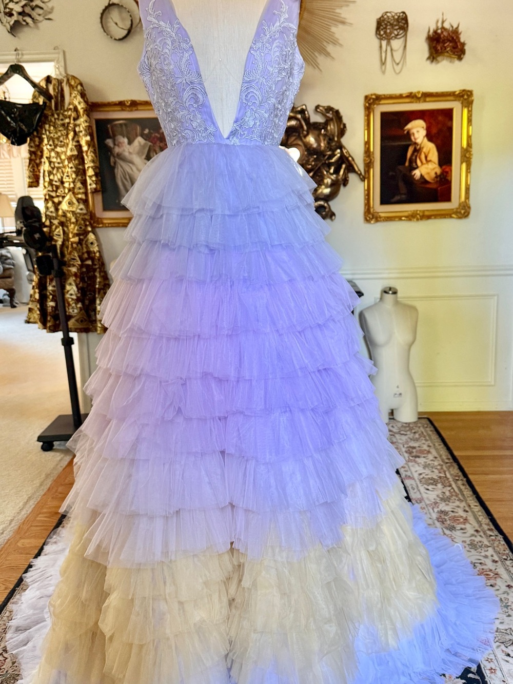 Pastel Multi-Color Layered Tulle Gown with Train size 6 - Picture 3 of 6